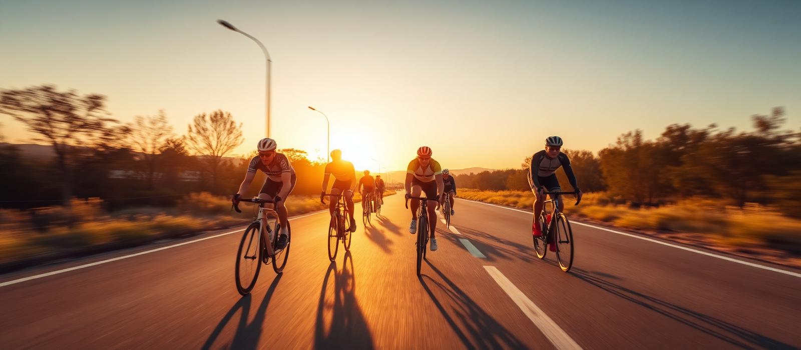 Grupo de ciclistas pedalando ao pôr do sol